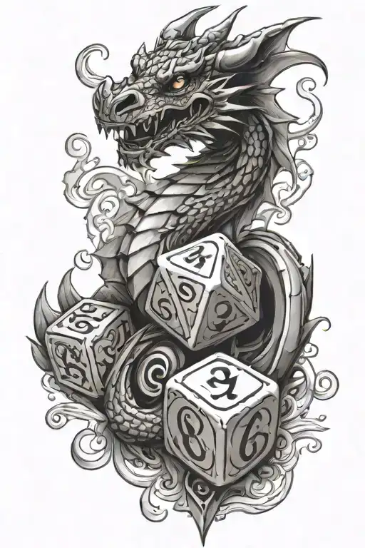 dragon, dice with numbers 6 and 2, cocktail tattoo design idea