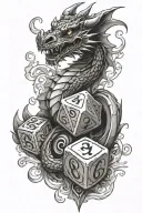 dragon, dice with numbers 6 and 2, cocktail tattoo design idea