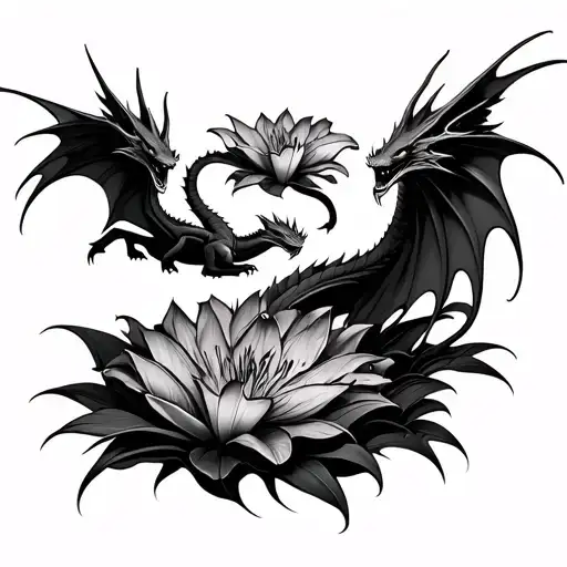 2 fine line dragons flying around a grown lily fine line drawing tattoo design idea