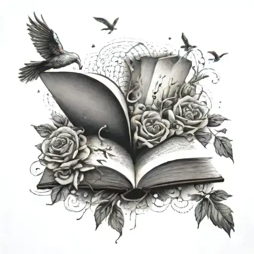 An open book with smoke swirling out of it, surrounded by roses and birds tattoo design idea