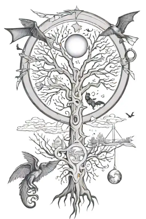 cards, tree, bat flying, moon, and the eye of horus and anubis tattoo design idea