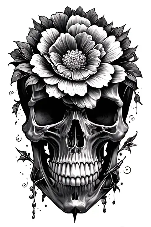 skull and pinwheel flower  tattoo design idea