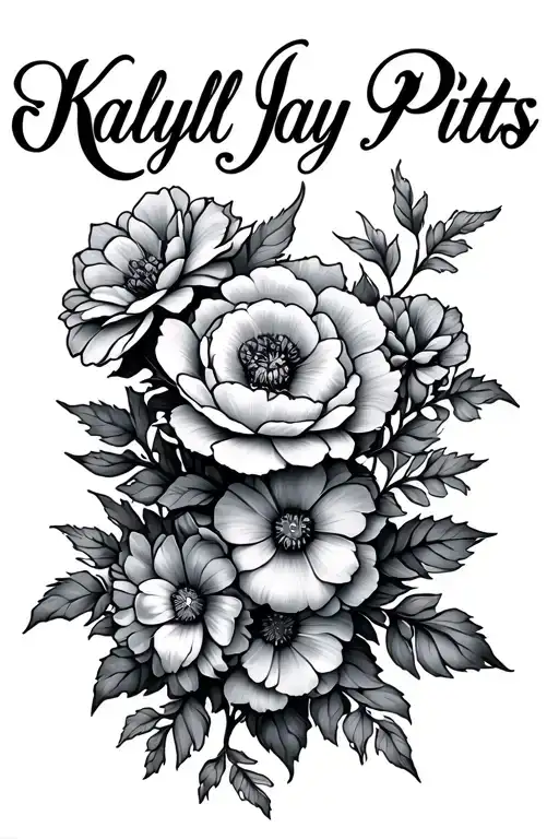 the name Kailyl Jay Pitts wrapped in flowers growing tattoo design idea