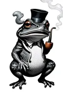 antropomorphic frog smoking pipe, dressed as a human standing on two feet tattoo design idea