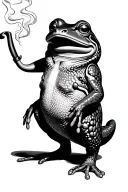 antropomorphic frog smoking pipe, dressed as a human standing on two feet tattoo design idea