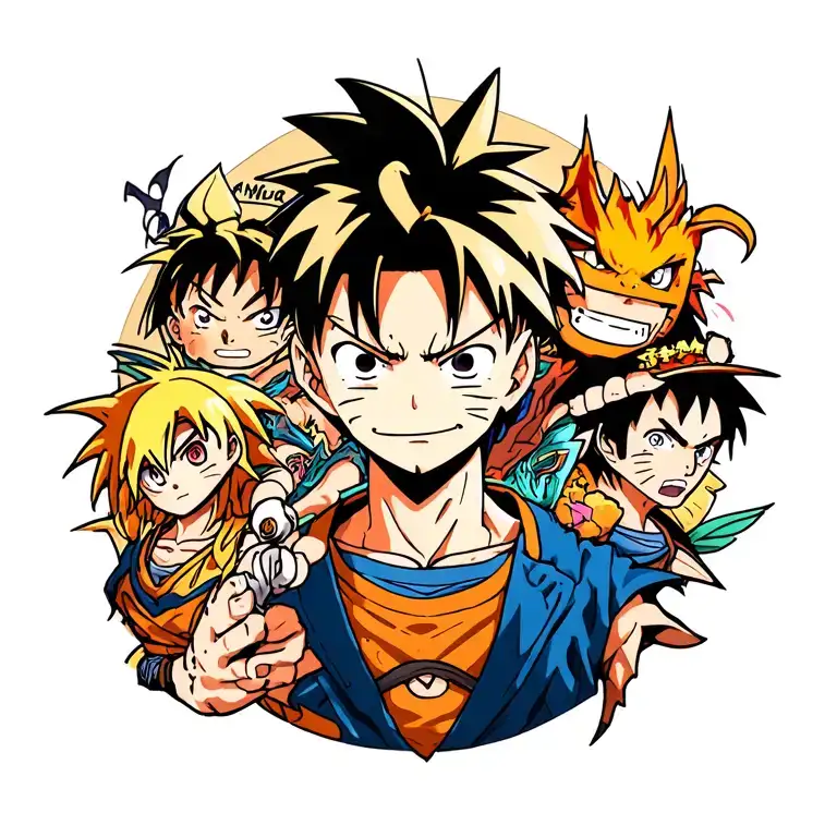 anime collage tattoo featuring one piece, Dragon Ball Z, Naruto, demon slayer tattoo design idea