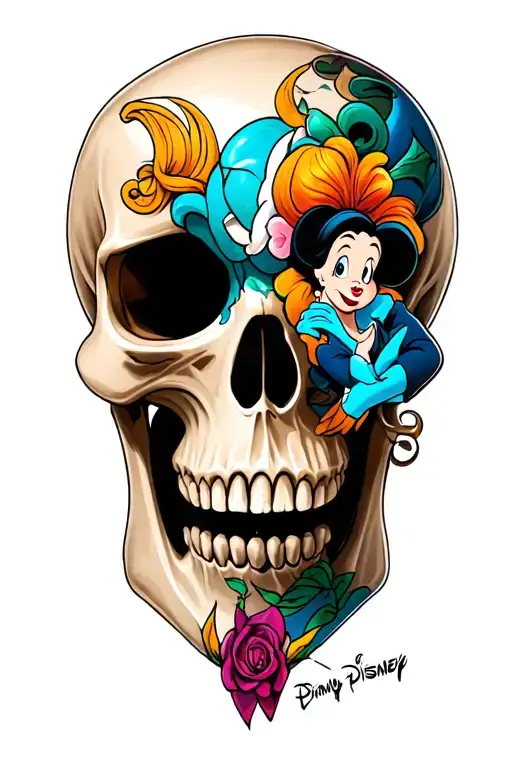 realism skull and Disney cartoon characters tattoo design idea