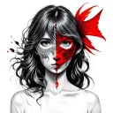 Girl with half the face being covered by an omni mask, incorporate a coi fish in there somewhere. black and grey and red tattoo design idea