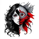 Girl with half the face being covered by an omni mask, incorporate a coi fish in there somewhere. black and grey and red tattoo design idea