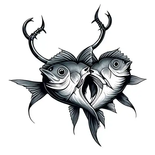 2 fish hooks making a heart tattoo design idea