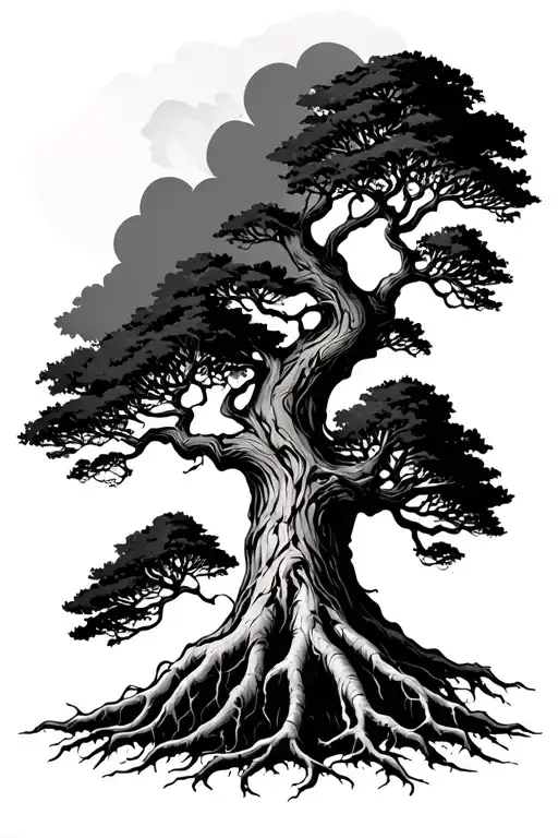 dark blackwork tree tattoo, ancient tree with massive roots, symbol of inner strength and deep roots, dramatic contrast, tattoo design idea