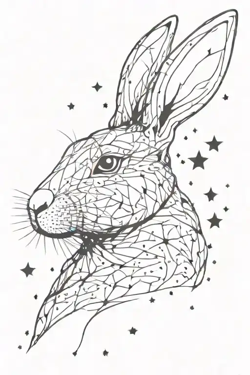Rabbit among stars in fog black rabbit stars wavy fog white glowing eyes halo angel wings rabbit tattoo design idea