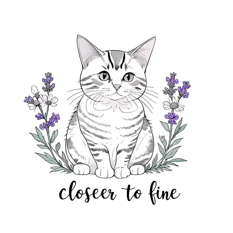 cat, wildflowers (daisy, lavender, forget me nots) with the words "closer to fine".     fine line style with small cat  tattoo design idea