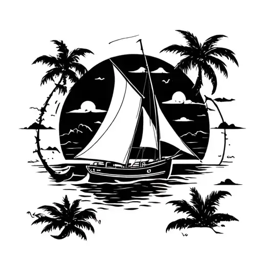 sail, island, jet, suit case tattoo design idea