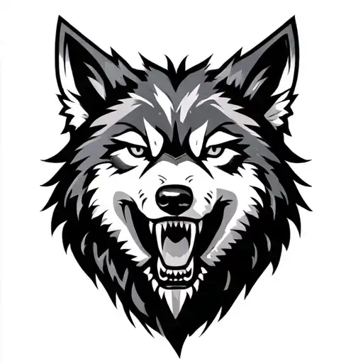 front facing Norse wolf with teeth showing head only. abstract less cartoony  tattoo design idea
