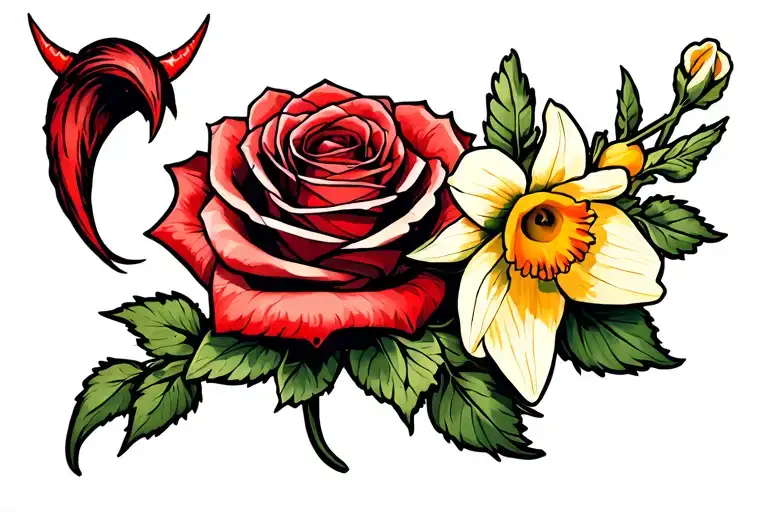 Rose with devil horns and a devil tail wrapped around and a daffodil tattoo design idea