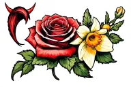 Rose with devil horns and a devil tail wrapped around and a daffodil tattoo design idea