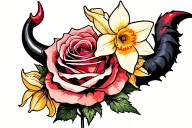 Rose with devil horns and a devil tail wrapped around and a daffodil tattoo design idea