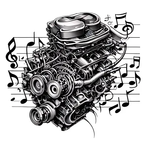 Musical notes intertwined with car engine parts tattoo design idea