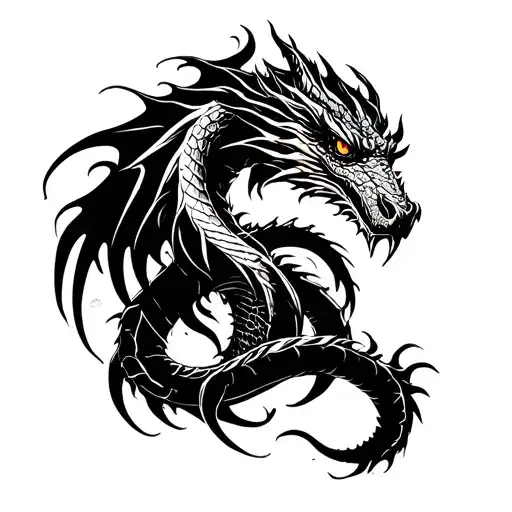 “Black ink, dragon or snake, neck, gothic tribal style, clear lines, scales, claws, shading, dynamic, mo tattoo design idea