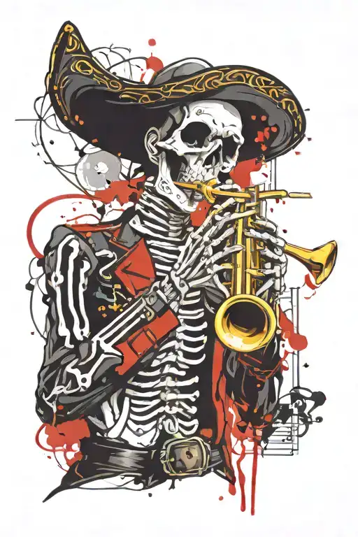 skeleton mariachi playing trumpet tattoo design idea