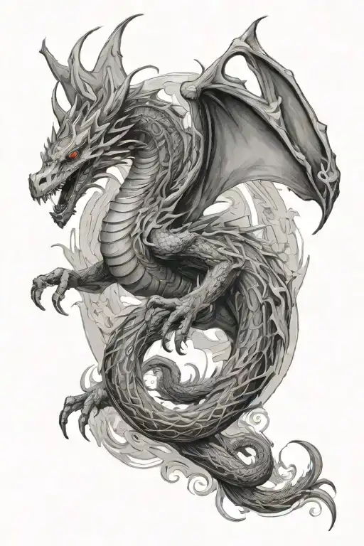 dragon flying into portal on one arm, coming out on the other forearm tattoo design idea