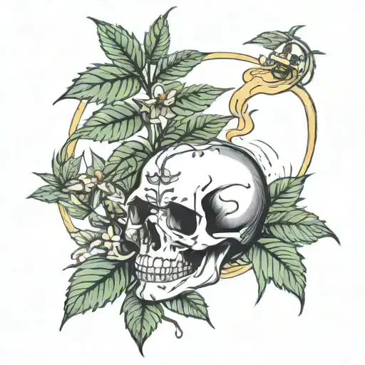 skull and weed and smoke tattoo design idea