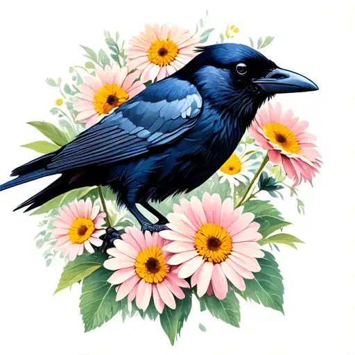 crow with gerber daisies tattoo design idea