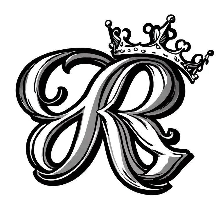 A stylized "R" letter with a little tilted queen crown on the top tattoo design idea