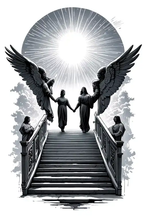stairway to heaven walking up holding hands sun rays angels heaven gates at the top sleek modern design tattoo design idea