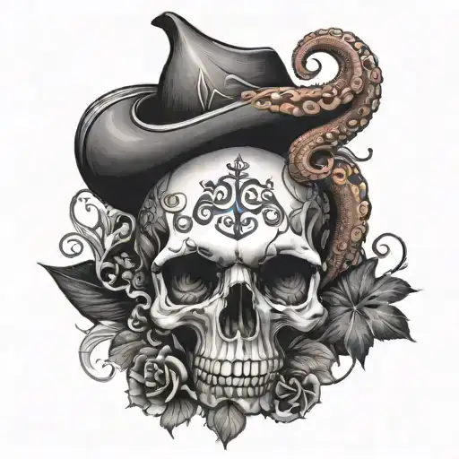 skull and octopus behind him with the ace of spades and hibiscus  tattoo design idea