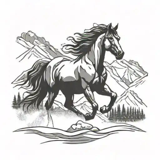 horse silhouette shadow snow capped mountains tattoo design idea