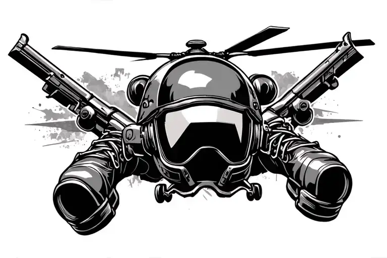 boots gun helmet with helicopter in background black tattoo design idea