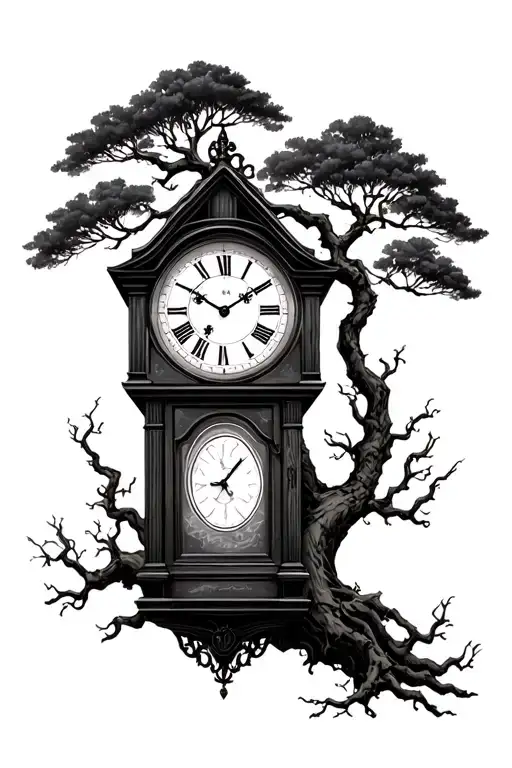 Grandfather Clock with tree growing tattoo design idea