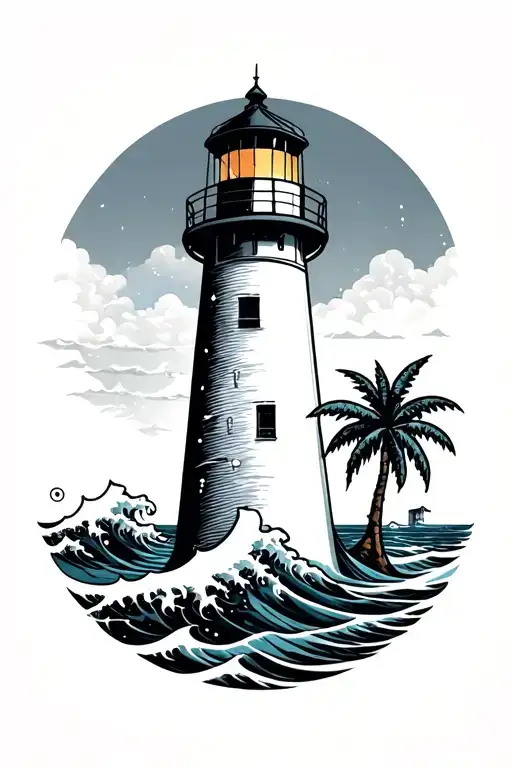 lighthouse in traditional but thinner line and black and grey, with japanese wave in one side and palm tree on other tattoo design idea