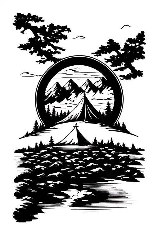 Blackwork circle topo map, bold center scene with tent + mountains for cover-up, clean contour lines. tattoo design idea