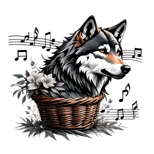 wolf, basket, music note intertwined tattoo design idea