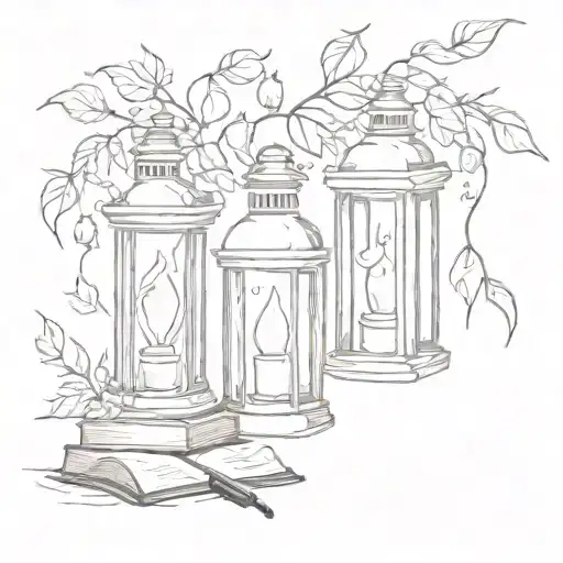lanterns, books, leaves falling, vase greek tattoo design idea