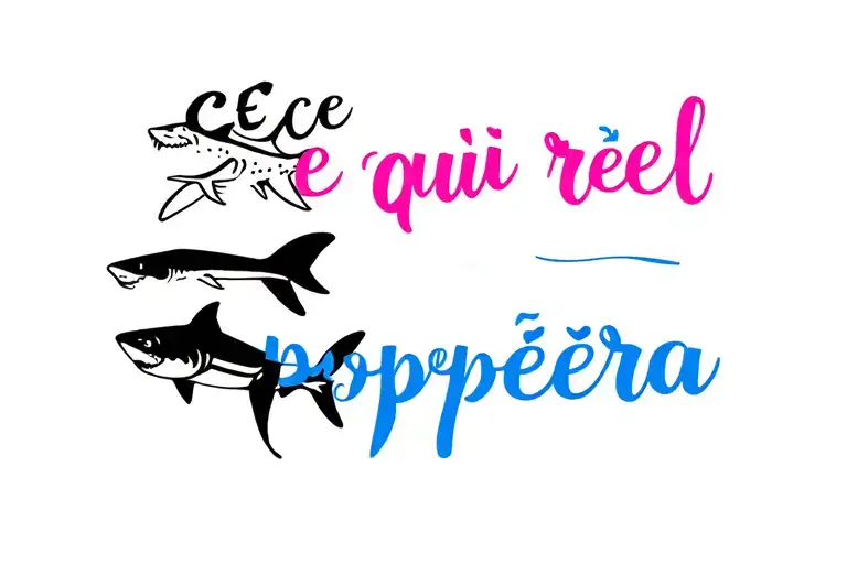 a leapard shark in black and the words Ce qui est réel in pink on top in cursive and the word prospérera in blue under tattoo design idea