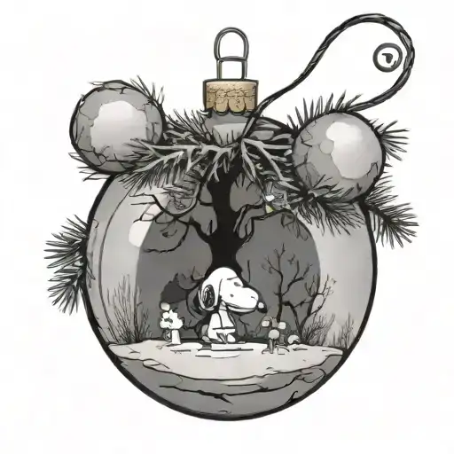 snoopy and woodstock looking at charlie brown tree inside realistic looking christmas ball ornament tattoo design idea