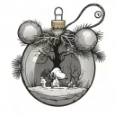 snoopy and woodstock looking at charlie brown tree inside realistic looking christmas ball ornament tattoo design idea