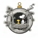 snoopy and woodstock looking at charlie brown tree inside realistic looking christmas ball ornament tattoo design idea