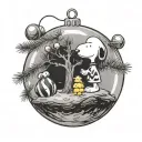 snoopy and woodstock looking at charlie brown tree inside realistic looking christmas ball ornament tattoo design idea