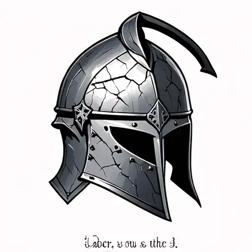 crusader helmet with cracks and with saying under it tattoo design idea