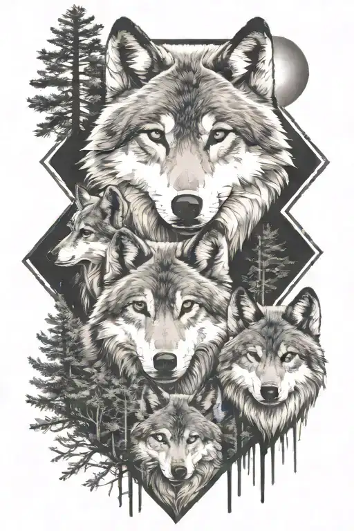 two wolf cubs and the father wolf, forest area, full moon above, lake, wolf cubs in front of the father, geometric shapes tattoo design idea