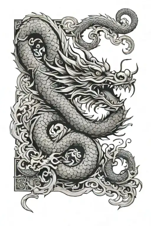 Chinese dragon with Chinese don't give up words c Escher staircase tattoo design idea