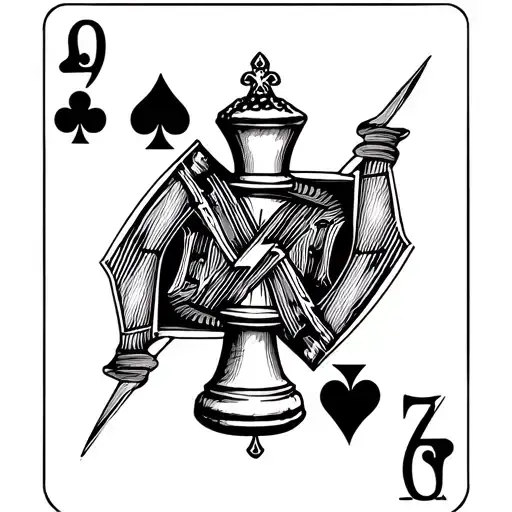 Queen of clubs playing card with a queen chess piece instead of a human. A lightning bolt behind the chess piece tattoo design idea