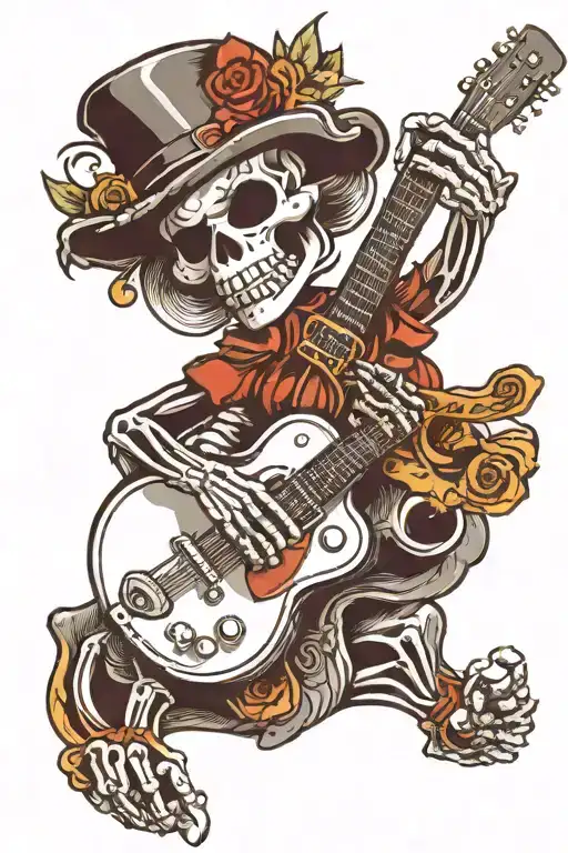skeleton playing a guitar tattoo design idea