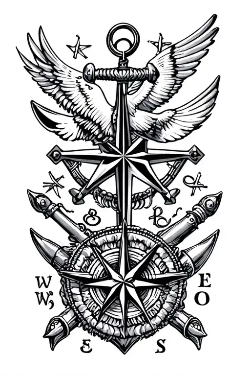 Nautical star, Swallow x6, Anchor, Hula Girl, Shellback Turtle, Crossed Cannons, King Neptune, Compass Rose tattoo design idea