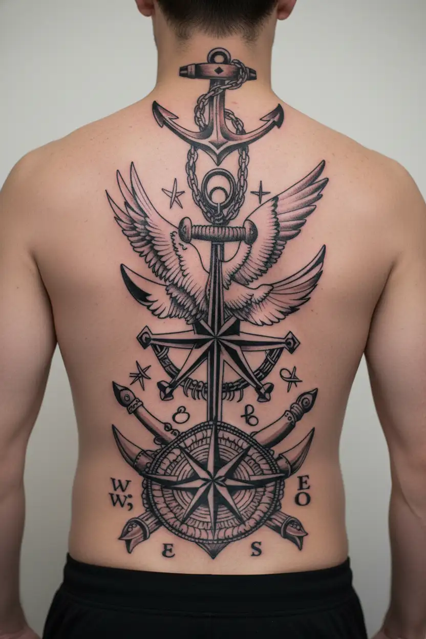 Nautical star, Swallow x6, Anchor, Hula Girl, Shellback Turtle, Crossed Cannons, King Neptune, Compass Rose tattoo design idea